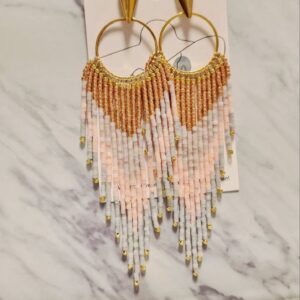 Pendientes Artesanales de Flecos - Degradado Rosa Pastel, Gris y Cobre