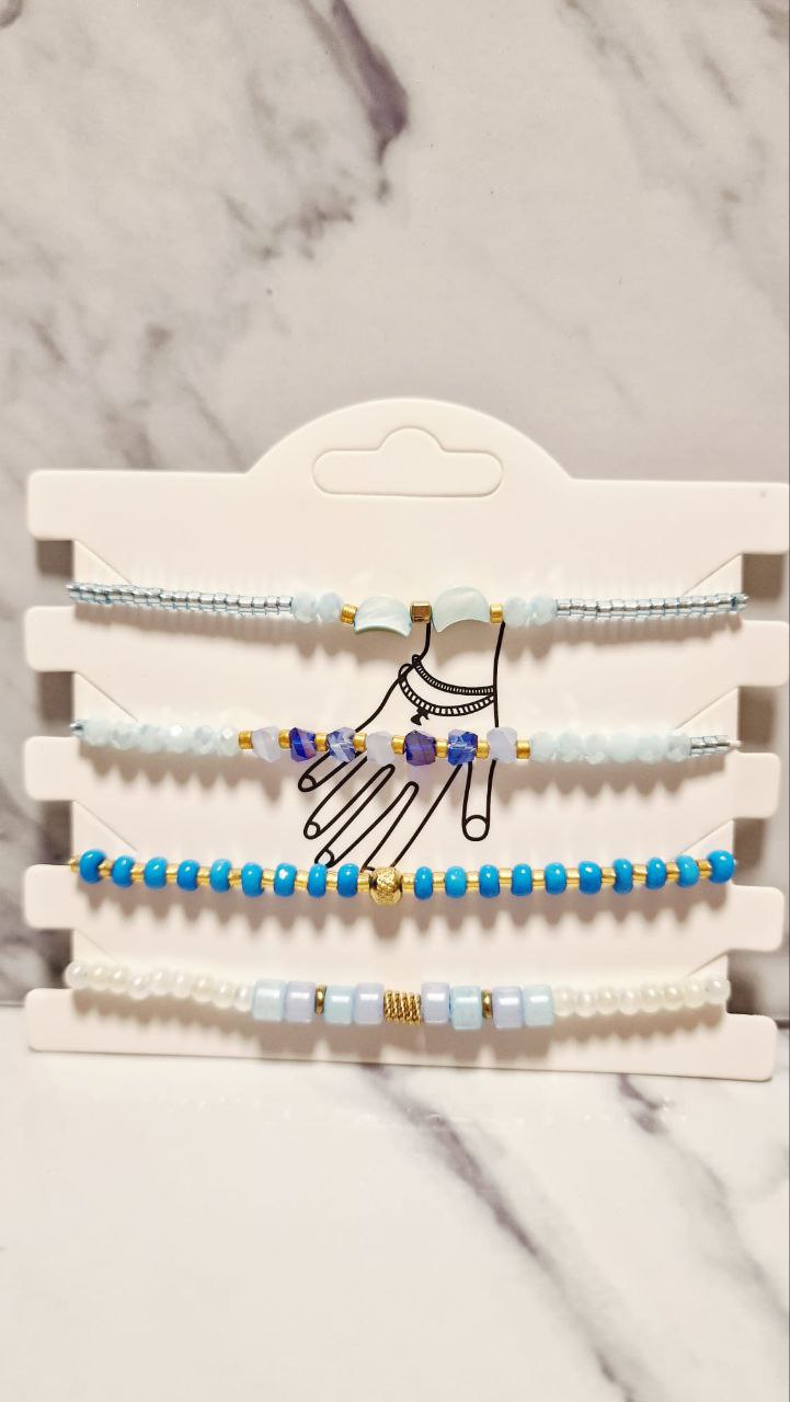 Set de Pulseras Artesanales "Ocean Breeze" - Pack de 4 en Azul, Celeste y Blanco