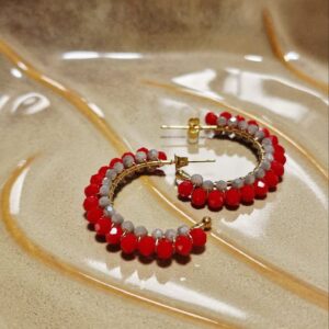 Pendientes de Aro Artesanales - Doble Hilera de Cuentas Rojo y Gris Perla