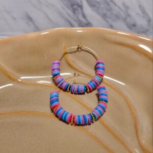 Pendientes de Aro "Pop Art" - Cuentas de Arcilla Polimérica en Rosa y Azul