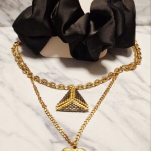 Set "Gold & Geometric Harmony" - Collar de Doble Cadena de Acero y Dije Miyuki Tejido