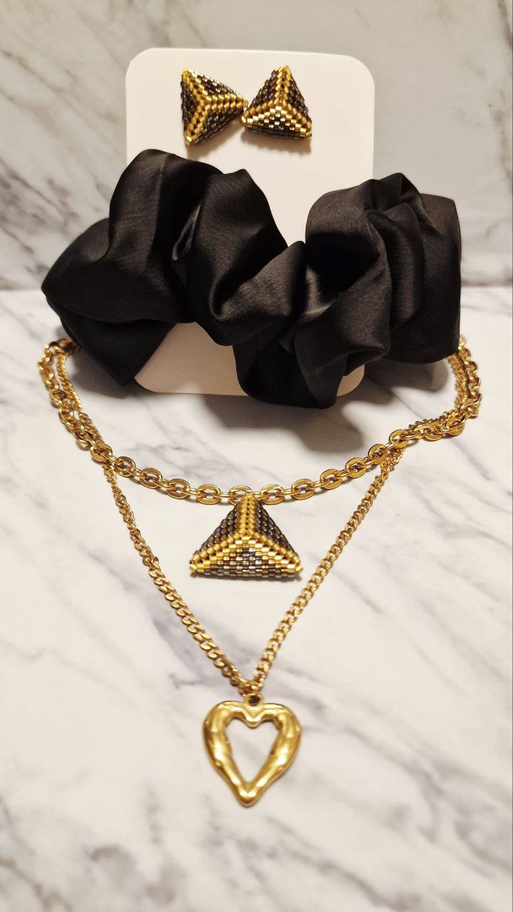 Set "Gold & Geometric Harmony" - Collar de Doble Cadena de Acero y Dije Miyuki Tejido